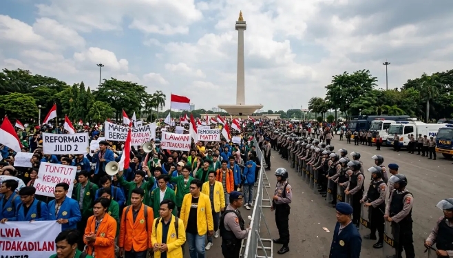 Demo Mahasiswa diwarnai Bentrok Massa dan Aparat di Bundaran HI