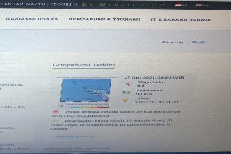 Pagi ini, Gempa 5,5 Magnitudo Mengucang  Provinsi Aceh