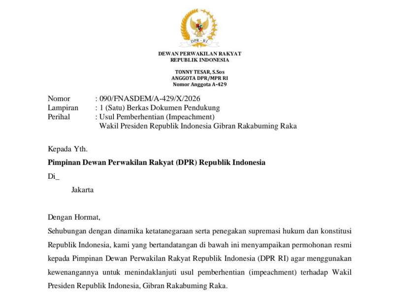 Beredar Surat Anggota Fraksi Usulkan Pemakzulan Gibran, Nasdem Bilang Begini
